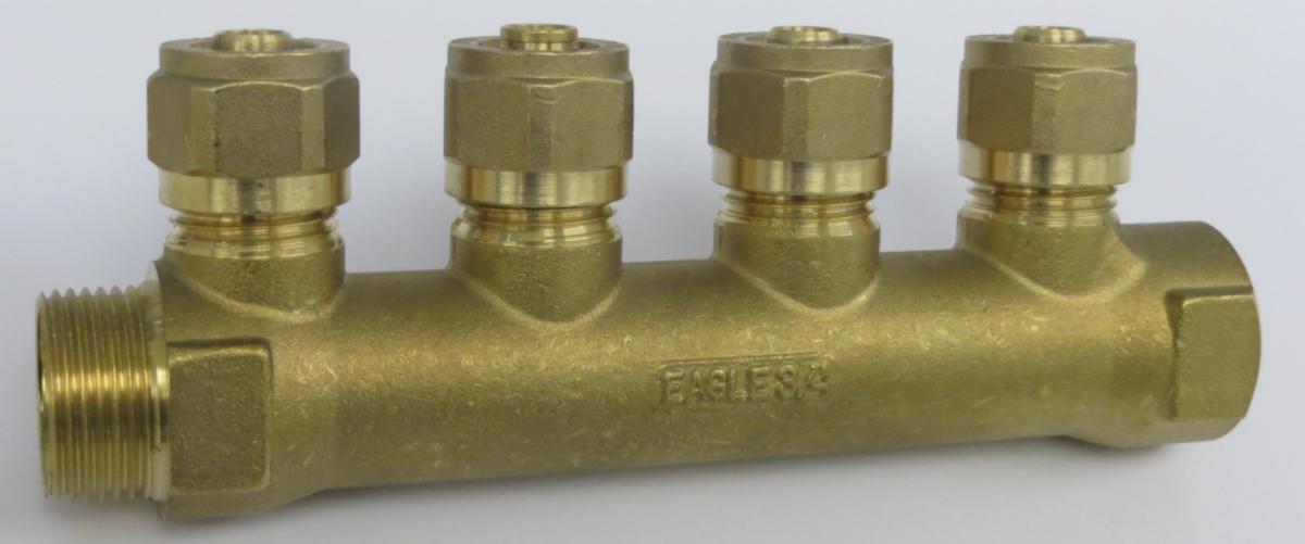 Fordelerrør - Fordelerrør til PeX 4x15 mm 1/2"x15mm2.5x3/4"L36mm messing