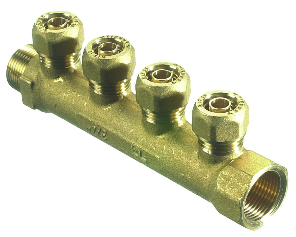 Fordelerrør - Fordelerrør til PeX 4x15 mm 1/2"x15mm2.5x3/4"L36mm messing