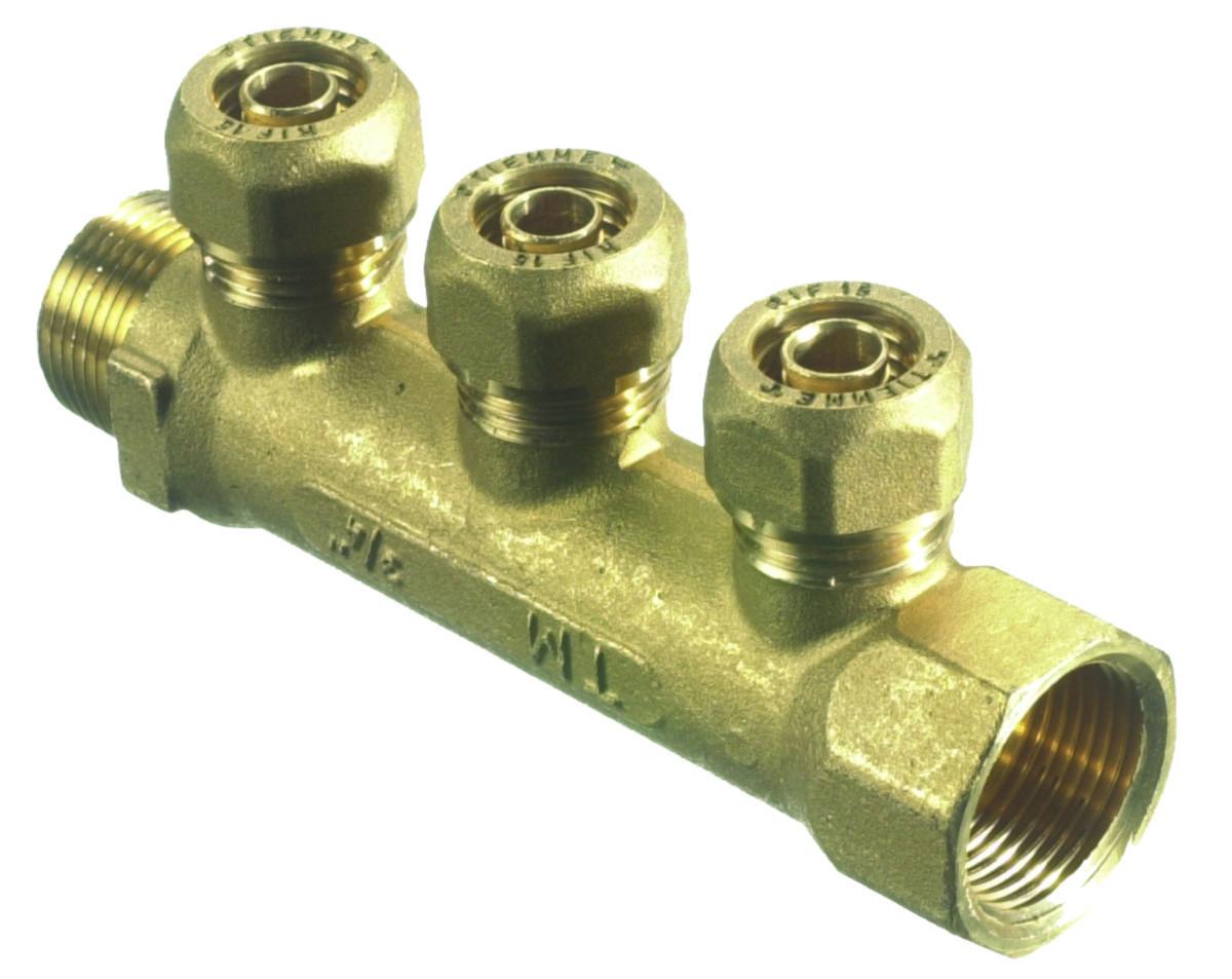 Fordelerrør 20 mm - Fordelerrør 3 afg. t/PEX 3/4" x 20 mm messing